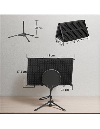 HOMCOM Studio Microphone Isolation Shield with Pop Filter and Tripod Stand, Foldable Adjustable Recording Studio Equipment, 3-Pa