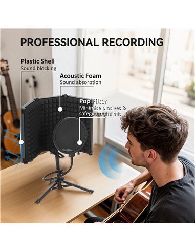 HOMCOM Studio Microphone Isolation Shield with Pop Filter and Tripod Stand, Foldable Adjustable Recording Studio Equipment, 3-Pa