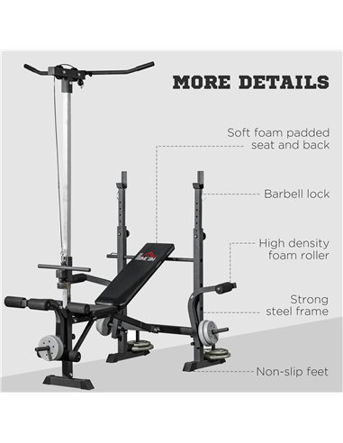 HOMCOM Adjustable Weight Bench with Pulley System, Incline Bench Press Set with Squat Rack, Leg Developer, Butterfly and Weight 