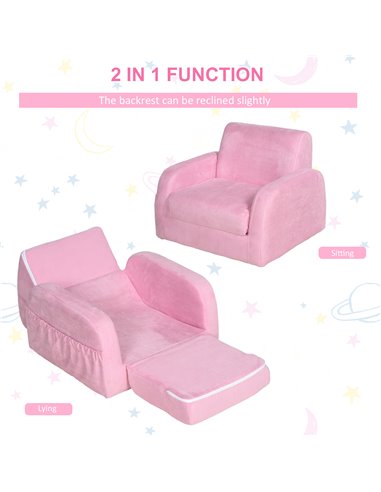 HOMCOM 2 In 1 Kids Children Sofa Chair Bed Folding Couch Soft Flannel Foam Toddler Furniture for Playroom Bedroom Living Room Pi
