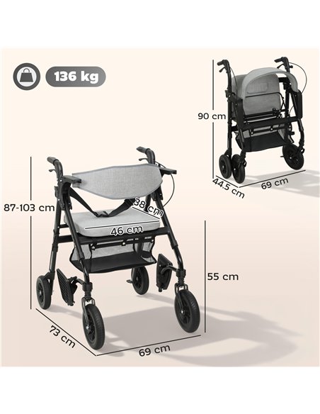HOMCOM Rollator Walker Wheelchair, with Seat - Grey - pic 172088 | FastDaddyshop