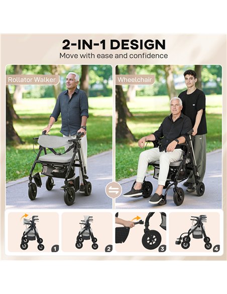 HOMCOM Rollator Walker Wheelchair, with Seat - Grey - pic 172089 | FastDaddyshop