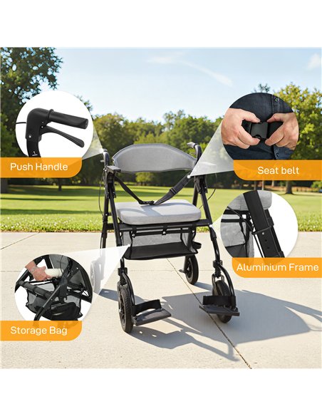 HOMCOM Rollator Walker Wheelchair, with Seat - Grey - pic 172094 | FastDaddyshop