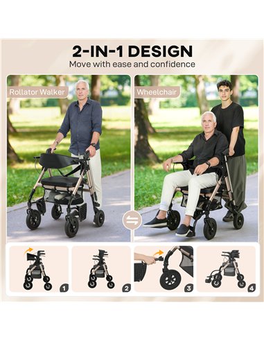 HOMCOM Rollator Walker Wheelchair, with Seat - Black