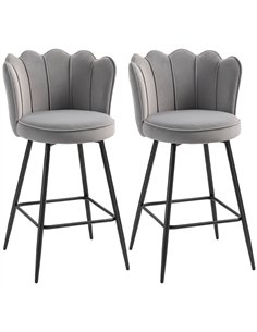HOMCOM Set of Two Velvet-Feel Lotus Bar Stools - Grey