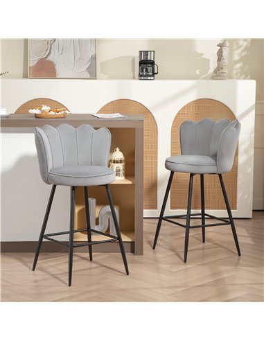 HOMCOM Set of Two Velvet-Feel Lotus Bar Stools - Grey