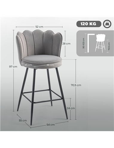 HOMCOM Set of Two Velvet-Feel Lotus Bar Stools - Grey