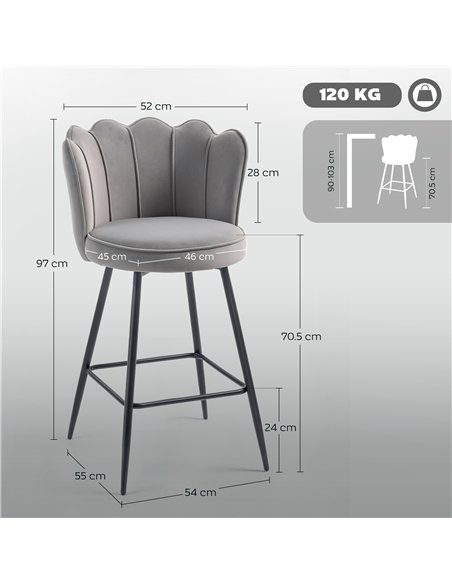 HOMCOM Set of Two Velvet-Feel Lotus Bar Stools - Grey - pic 172142 | FastDaddyshop