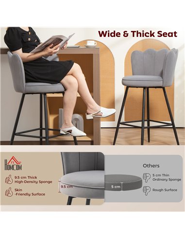 HOMCOM Set of Two Velvet-Feel Lotus Bar Stools - Grey