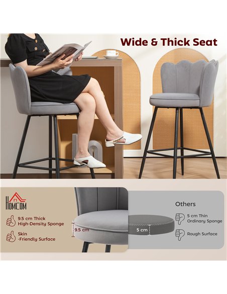 HOMCOM Set of Two Velvet-Feel Lotus Bar Stools - Grey - pic 172143 | FastDaddyshop