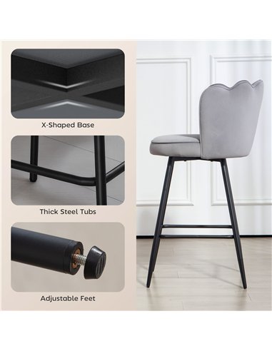 HOMCOM Set of Two Velvet-Feel Lotus Bar Stools - Grey
