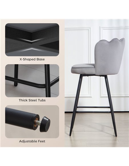 HOMCOM Set of Two Velvet-Feel Lotus Bar Stools - Grey - pic 172145 | FastDaddyshop