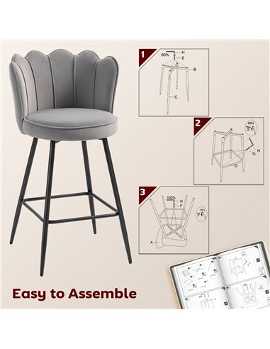 HOMCOM Set of Two Velvet-Feel Lotus Bar Stools - Grey