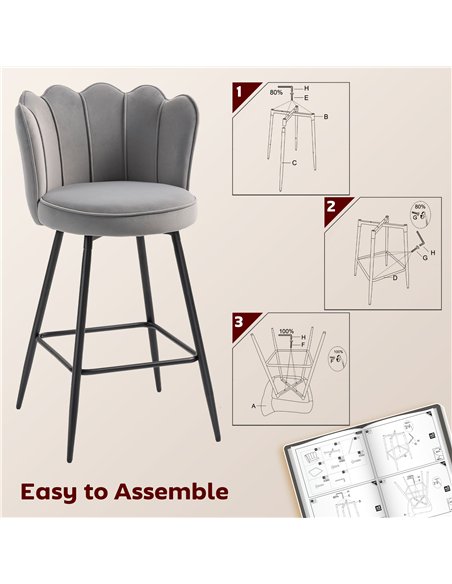 HOMCOM Set of Two Velvet-Feel Lotus Bar Stools - Grey - pic 172146 | FastDaddyshop