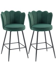 HOMCOM Set of Two Velvet-Feel Lotus Bar Stools - Dark Green