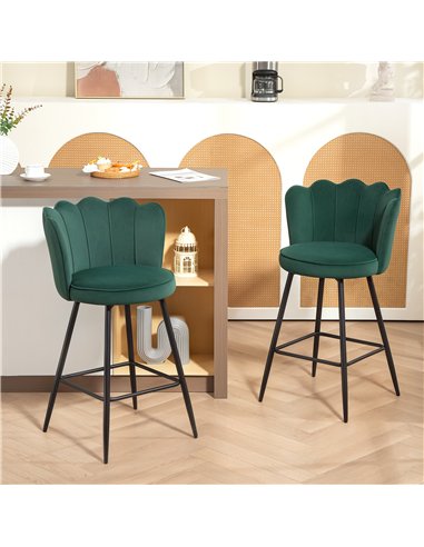 HOMCOM Set of Two Velvet-Feel Lotus Bar Stools - Dark Green