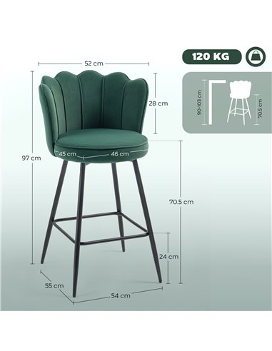 HOMCOM Set of Two Velvet-Feel Lotus Bar Stools - Dark Green