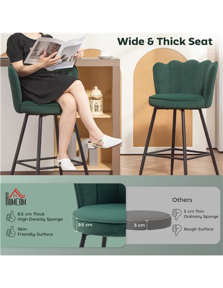 HOMCOM Set of Two Velvet-Feel Lotus Bar Stools - Dark Green - pic 172161 | FastDaddyshop