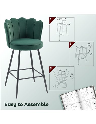 HOMCOM Set of Two Velvet-Feel Lotus Bar Stools - Dark Green