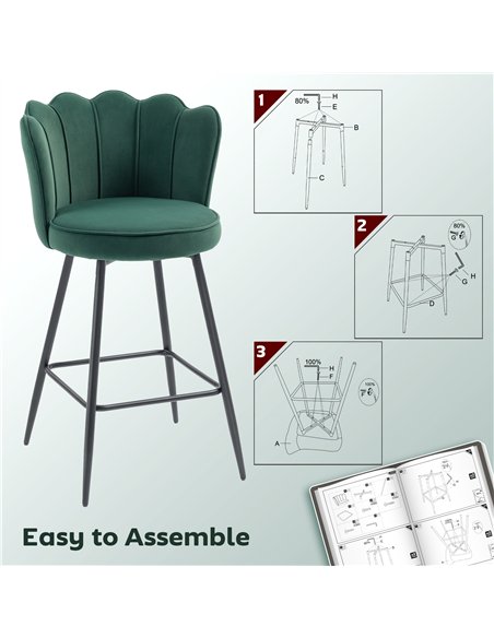 HOMCOM Set of Two Velvet-Feel Lotus Bar Stools - Dark Green - pic 172164 | FastDaddyshop