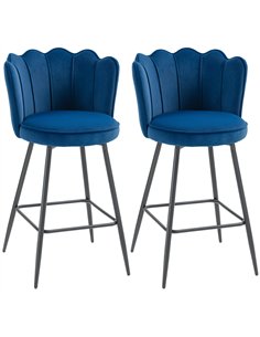 HOMCOM Set of Two Velvet-Feel Lotus Bar Stools - Dark Blue