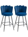 HOMCOM Set of Two Velvet-Feel Lotus Bar Stools - Dark Blue