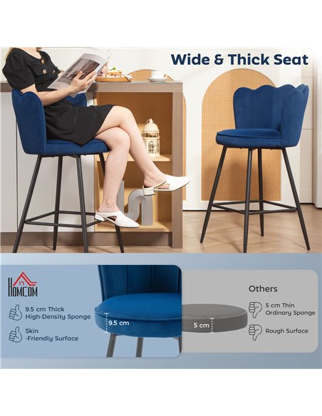 HOMCOM Set of Two Velvet-Feel Lotus Bar Stools - Dark Blue - pic 172170 | FastDaddyshop