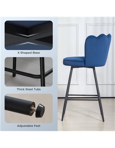 HOMCOM Set of Two Velvet-Feel Lotus Bar Stools - Dark Blue
