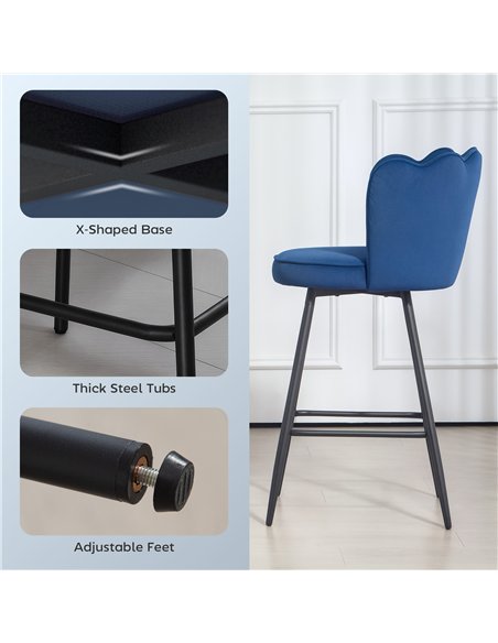 HOMCOM Set of Two Velvet-Feel Lotus Bar Stools - Dark Blue - pic 172172 | FastDaddyshop