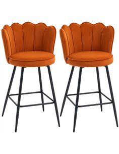 HOMCOM Set of Two Velvet-Feel Lotus Bar Stools - Orange
