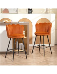 HOMCOM Set of Two Velvet-Feel Lotus Bar Stools - Orange 2