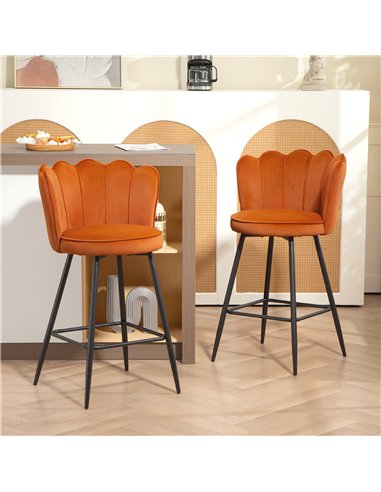 HOMCOM Set of Two Velvet-Feel Lotus Bar Stools - Orange