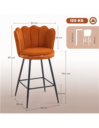 HOMCOM Set of Two Velvet-Feel Lotus Bar Stools - Orange