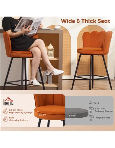 HOMCOM Set of Two Velvet-Feel Lotus Bar Stools - Orange