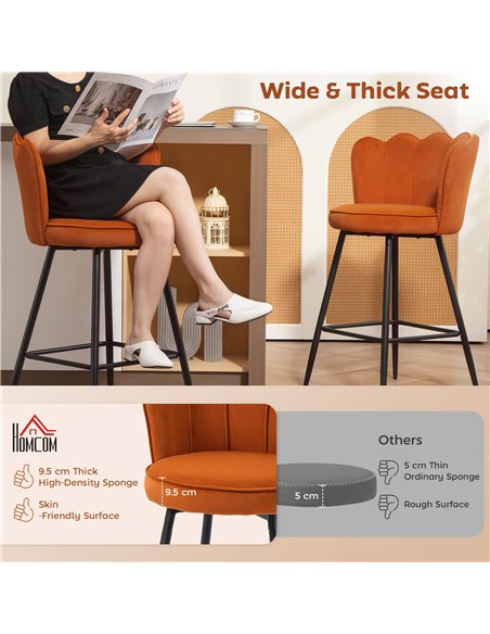 HOMCOM Set of Two Velvet-Feel Lotus Bar Stools - Orange - pic 172179 | FastDaddyshop