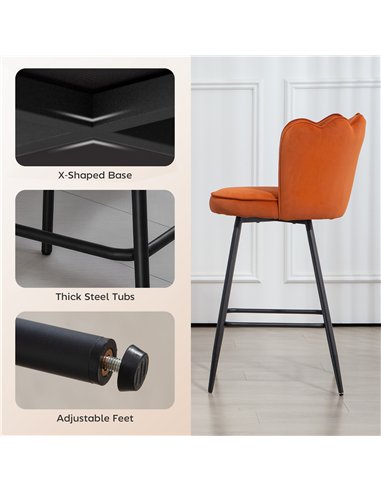 HOMCOM Set of Two Velvet-Feel Lotus Bar Stools - Orange