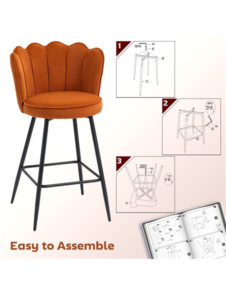 HOMCOM Set of Two Velvet-Feel Lotus Bar Stools - Orange - pic 172182 | FastDaddyshop
