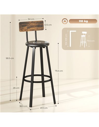 HOMCOM Set of Two Industrial-Style Bar Stools - Brown/Black