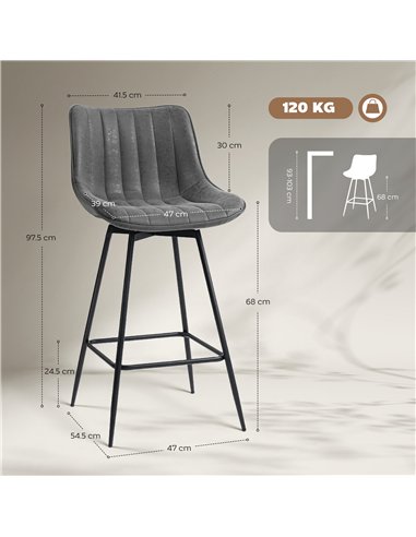 HOMCOM Set of 2 PU Leather Swivel Bar Stools - Grey