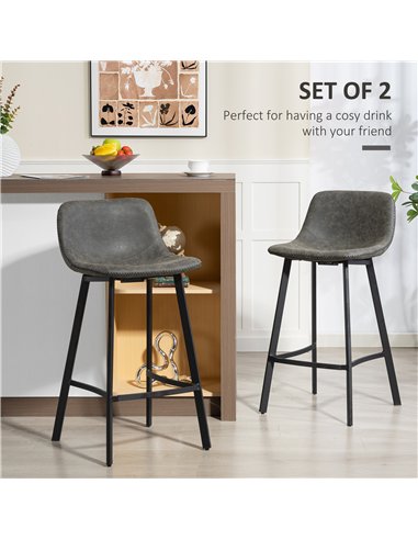 HOMCOM Bar Stools Set of 2, PU Leather Dining Stools with Backrest, Footrest, for Kitchen, Counter, Breakfast Bar, Grey