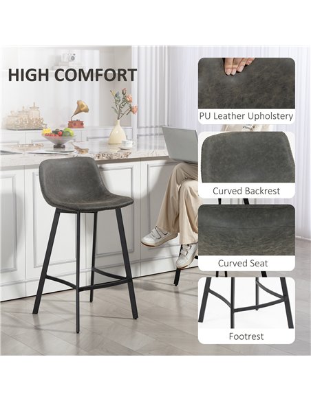 HOMCOM Bar Stools Set of 2, PU Leather Dining Stools with Backrest, Footrest, for Kitchen, Counter, Breakfast Bar, Grey - pic 172279 | FastDaddyshop