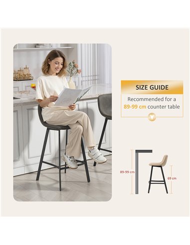 HOMCOM Bar Stools Set of 2, PU Leather Dining Stools with Backrest, Footrest, for Kitchen, Counter, Breakfast Bar, Grey
