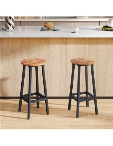 HOMCOM Bar Stools Set of 2 Breakfast Bar Stools with Footrest, Industrial Round, 32 x 32 x 65 cm, Rustic Brown