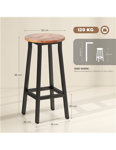 HOMCOM Bar Stools Set of 2 Breakfast Bar Stools with Footrest, Industrial Round, 32 x 32 x 65 cm, Rustic Brown