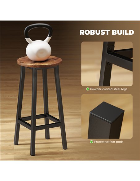 HOMCOM Bar Stools Set of 2 Breakfast Bar Stools with Footrest, Industrial Round, 32 x 32 x 65 cm, Rustic Brown - pic 172288 | FastDaddyshop