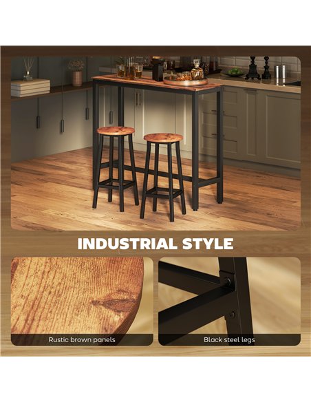 HOMCOM Bar Stools Set of 2 Breakfast Bar Stools with Footrest, Industrial Round, 32 x 32 x 65 cm, Rustic Brown - pic 172289 | FastDaddyshop
