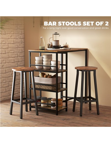 HOMCOM Bar Stools Set of 2 Breakfast Bar Stools with Footrest, Industrial Round, 32 x 32 x 65 cm, Rustic Brown - pic 172290 | FastDaddyshop