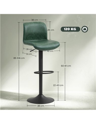 HOMCOM Bar Stools Set of 2, PU Leather Barstools with Backrest and Footrest for Kitchen, Counter, Breakfast Bar, Green