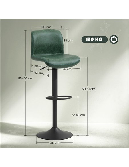 HOMCOM Bar Stools Set of 2, PU Leather Barstools with Backrest and Footrest for Kitchen, Counter, Breakfast Bar, Green - pic 172295 | FastDaddyshop