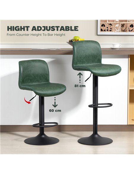 HOMCOM Bar Stools Set of 2, PU Leather Barstools with Backrest and Footrest for Kitchen, Counter, Breakfast Bar, Green - pic 172298 | FastDaddyshop